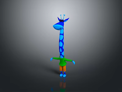 Cute Blue Spotted Giraffe Game Movie Character With Long Neck Green Shirt And Orange Pants 3d model