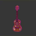 Red Wooden Ukulele With Decorative Stickers And Glossy Finish As Household Item