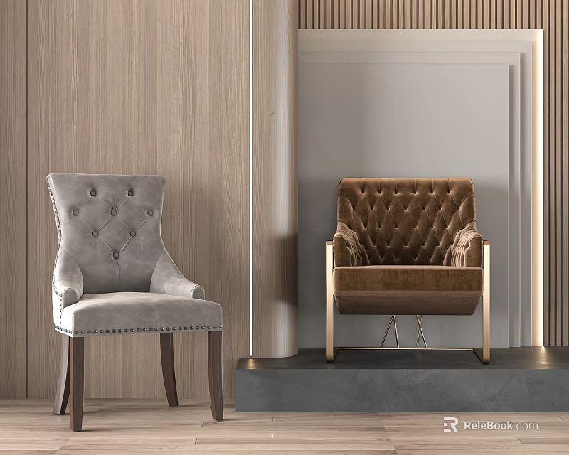 Gray And Brown Tufted Velvet Dining Chairs With Wooden And Gold Legs In Modern Interior 3d model 
