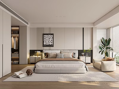 Modern Bedroom Interior With Comfortable Bed Nightstands Decorative Painting Wardrobe Rug And Natural Light 3d model
