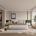 Modern Bedroom Interior With Comfortable Bed Nightstands Decorative Painting Wardrobe Rug And Natural Light