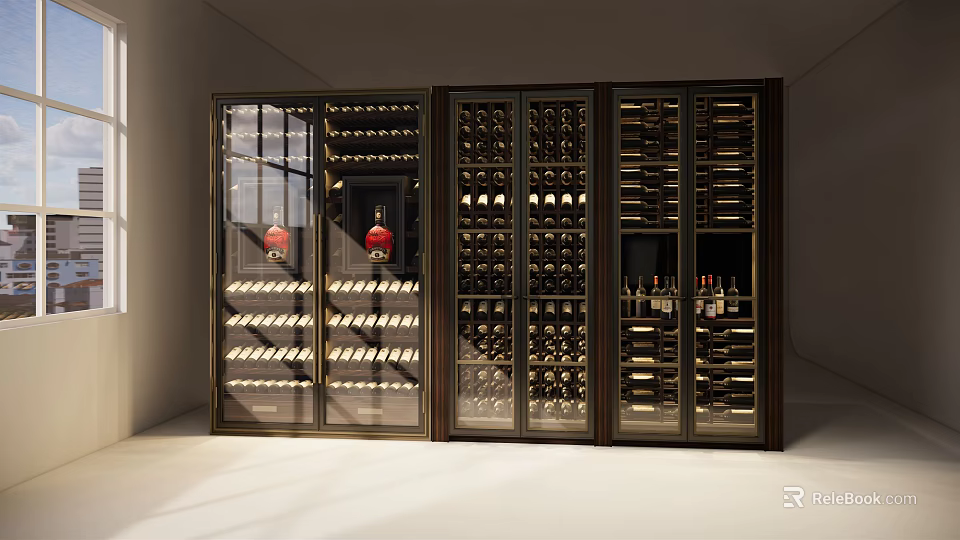 Modern Elegant Wine Storage Cabinet With Glass Doors And Arranged Wine Bottles 3d model 