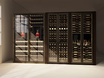 Modern Elegant Wine Storage Cabinet With Glass Doors And Arranged Wine Bottles 3d model