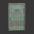 Metallic Door With Diamond Pattern Grille Central Small Square Window And Reflective Surface