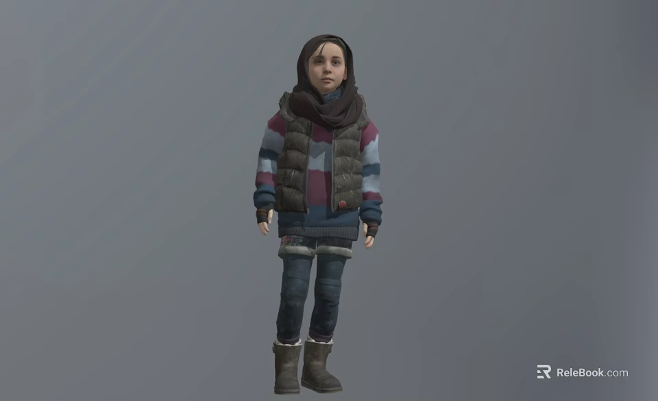 Game Movie Character Wearing Striped Hoodie Puffer Vest And Scarf With Jeans Boots 3d model 