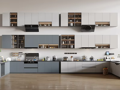 Modern Kitchen Interior Design With Gray And White Cabinets And Appliances 3d model