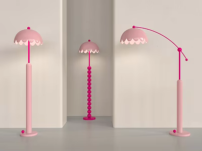 Pink Floor Lamps with Unique Scalloped Shades and Different Base Pole Designs 3d model