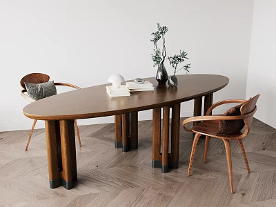 Oval Wooden Dining Table Set With Sturdy Legs Two Chairs Brown Cushions And Green Plants 3d model