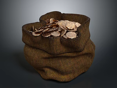 Brown Sack Filled With Shiny Gold Coins On Dark Background 3d model