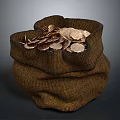 Brown Sack Filled With Shiny Gold Coins On Dark Background 3d model