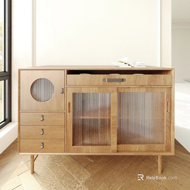 Wooden Entryway Cabinet Sideboard With Drawers Mesh Doors And Circular Decorative Hole 3d model 