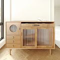 Wooden Entryway Cabinet Sideboard With Drawers Mesh Doors And Circular Decorative Hole