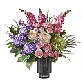 Decorative Flower Arrangement with Pink Roses Purple Hydrangeas and Beige Delphiniums in Black Textured Vase