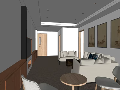 Modern Living Room Interior With White Sofas Round Wooden Coffee Table And Wall Art 3d model
