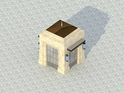 Small Stone Building With Light Exterior Glass Windows Brown Roof And Blue Lanterns 3d model