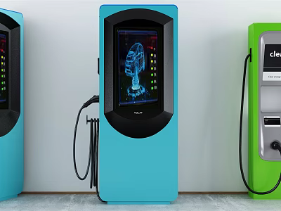 Colorful Electric Vehicle Charging Stations With Digital Display And Hand Icon 3d model