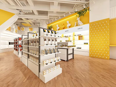 Specialty Store Interior With Yellow Walls White Shelves And Product Displays 3d model