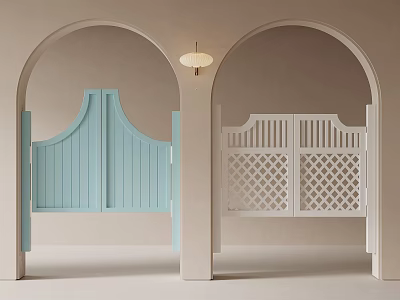 Arched Doorways Interior With Light Blue And White Lattice Double Doors And Pendant Light 3d model