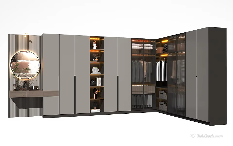 Modern Luxury Wardrobe Design With Open Mirror Lighting Multi layer Shelves Hanging Area And Drawers 3d model 