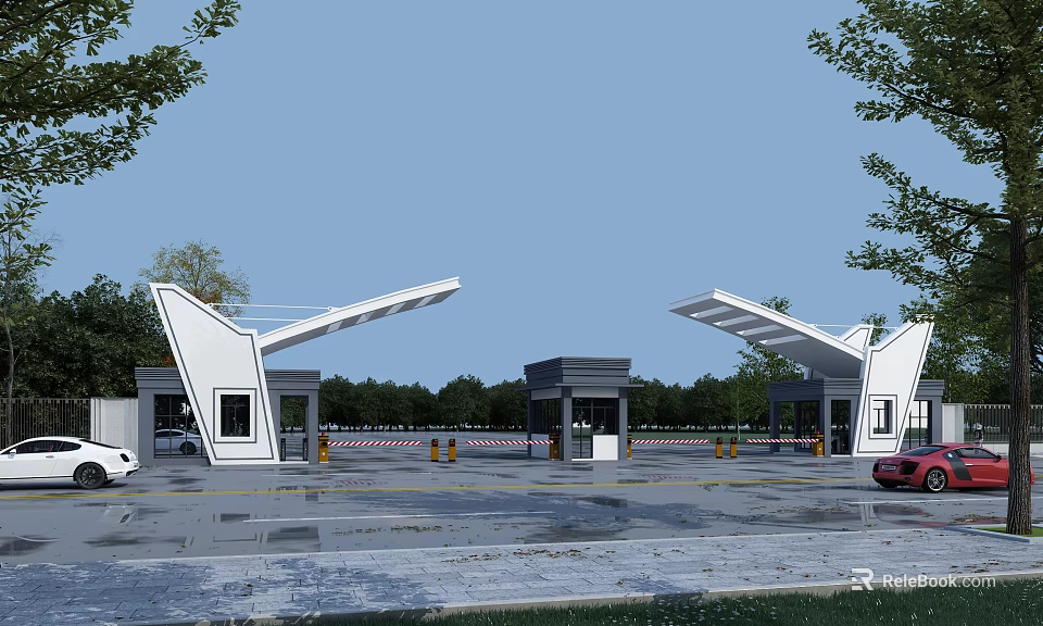 Modern Entrance Gate With Toll Booths Canopy Design And Vehicles On Lanes 3d model 