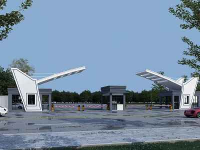 Modern Entrance Gate With Toll Booths Canopy Design And Vehicles On Lanes 3d model