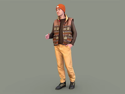 Man Wearing Orange Beanie Brown Patterned Vest Dark Long Sleeve Shirt Yellow Pants Black Shoes 3d model