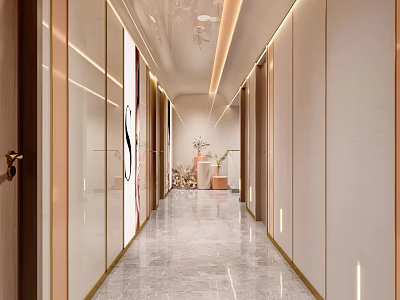 Modern Hotel Corridor Design With Marble Flooring Golden Accents Elegant Lighting And Decorative Elements 3d model