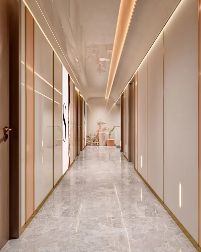 Modern Hotel Corridor Design With Marble Flooring Golden Accents Elegant Lighting And Decorative Elements 3d model
