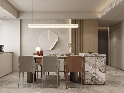Stylish Modern Restaurant Dining Area With Round Mirror And Marble Counter 3d model