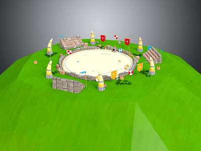 Cartoon Green Hill Scene with Round White Arena Cone Decorations Colorful Flags Stands and Stone Wall 3d model