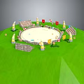 Cartoon Green Hill Scene with Round White Arena Cone Decorations Colorful Flags Stands and Stone Wall