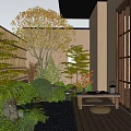 Tranquil Courtyard Plant Combination with Bamboo Fence Lantern Stone Gravel Path and Wooden Deck