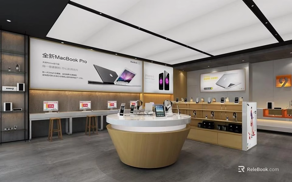 Digital Store Showcasing New MacBook Pro iPhones And Display Counter With Shelves 3d model 