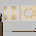Abstract Paintings On White Wall With Geometric Perforated Patterns And Wooden Shelf Sculpture Decor