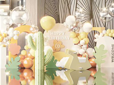 Inflatable Cactus Decorations With Balloons For Happy Birthday Party Welcome Backdrop 3d model
