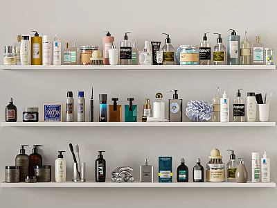 Various Perfume And Cosmetic Products Displayed On White Shelves With Different Containers 3d model