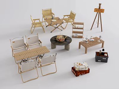 Outdoor table and chair set with wicker chairs wooden tables fire pit storage shelf 3d model