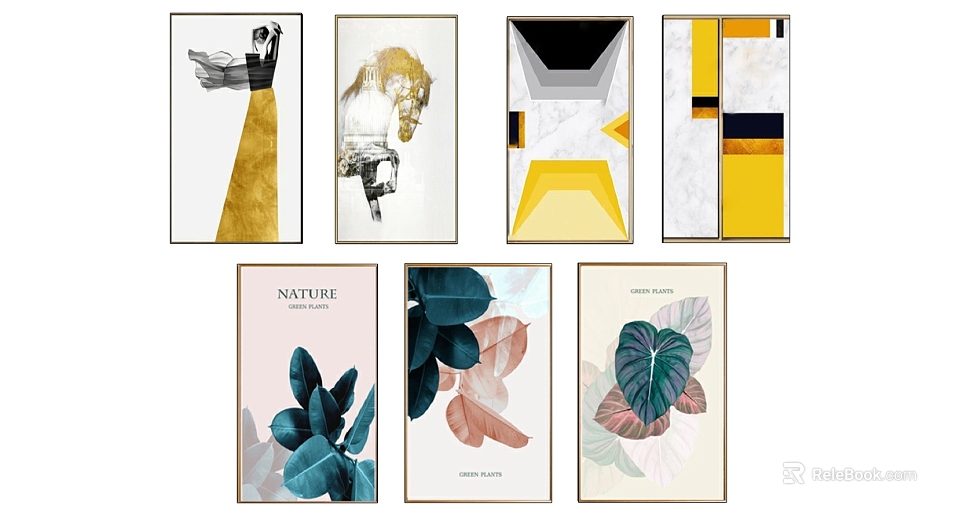 Modern Wall Art Prints With Abstract Botanical Geometric Patterns And Colorful Leaves 3d model 