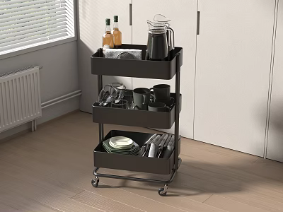 Black Three Tier Rolling Kitchen Cart with Wheels and Tableware Storage 3d model