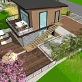 Modern Single Family House With Green Lawn Trees Pink Flowers Outdoor Patio And Wooden Deck