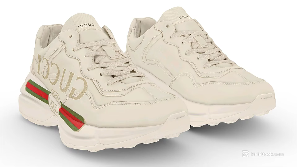 Cream Colored Gucci Sneakers With Red And Green Web Stripe And Chunky Sole 3d model 