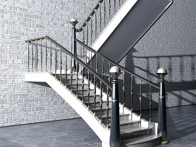 Classic Staircase With Metal Railings Black Spherical Top Posts And Gray Brick Wall 3d model