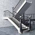 Classic Staircase With Metal Railings Black Spherical Top Posts And Gray Brick Wall