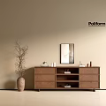 Minimalist Modern Entryway Cabinet Sideboard Brown Wooden With Decorative Vase Picture Frame On Beige Wall