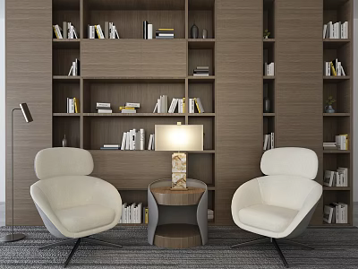 Leisure Accent Chair Set In Beige With Wooden Bookshelves Side Table And Lamp 3d model
