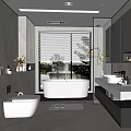 Modern Bathroom Interior With Freestanding Bathtub Marble Vanity Mirror And Large Window Plants