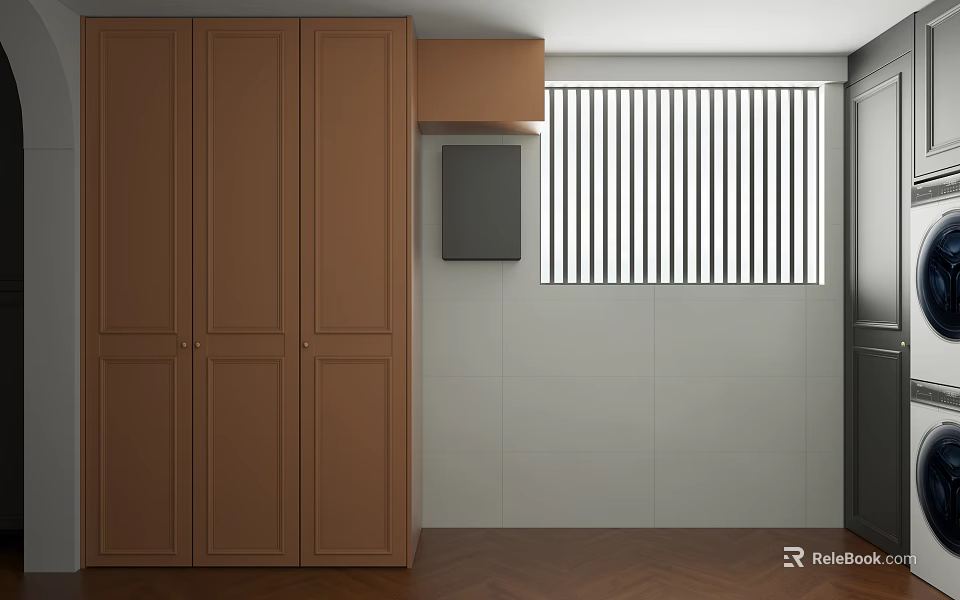 Brown Storage Cabinet In Room With White Blinds Light Colored Walls And Wooden Floor 3d model 