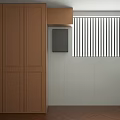 Brown Storage Cabinet In Room With White Blinds Light Colored Walls And Wooden Floor