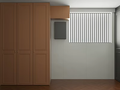 Brown Storage Cabinet In Room With White Blinds Light Colored Walls And Wooden Floor 3d model