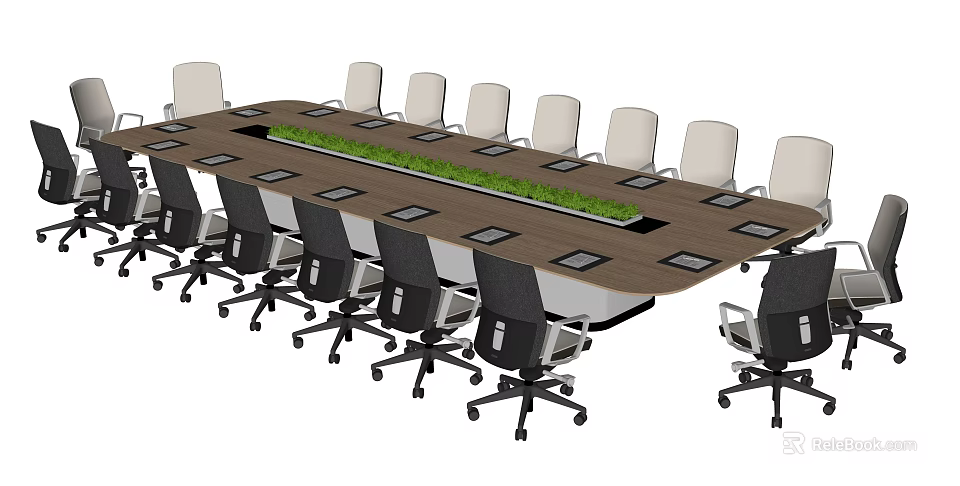 Modern Long Rectangular Conference Table with Ergonomic Chairs and Central Green Plant Strip 3d model